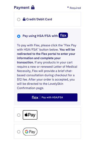 Payment options page with Flex HSA/FSA payment button, Apple Pay and Google Pay options