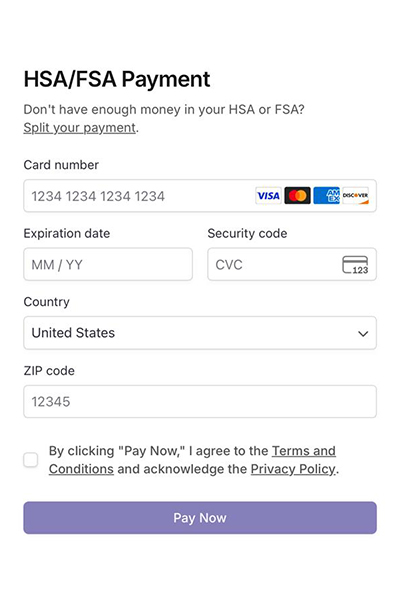 HSA/FSA payment form showing credit card fields, expiration date, security code, country and ZIP code entry