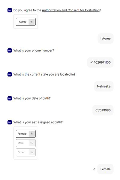 Patient authorization form showing phone number, location, date of birth and sex assigned at birth fields