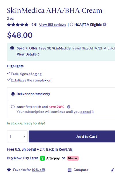 SkinMedica AHA/BHA Cream 2 oz product page showing price, HSA/FSA eligible badge, rating and add to cart button