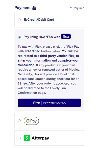 Payment options page with Flex HSA/FSA payment button, Apple Pay and Google Pay options